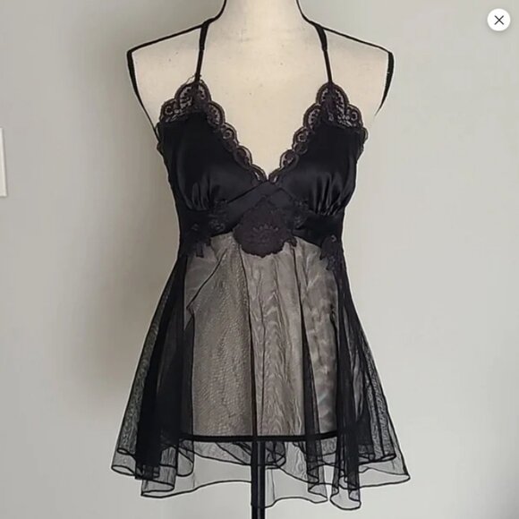 Victoria's Secret Other - Victoria's Secret Black Lace & Silk Semi-sheer Mesh Babydoll Chemise Lingerie